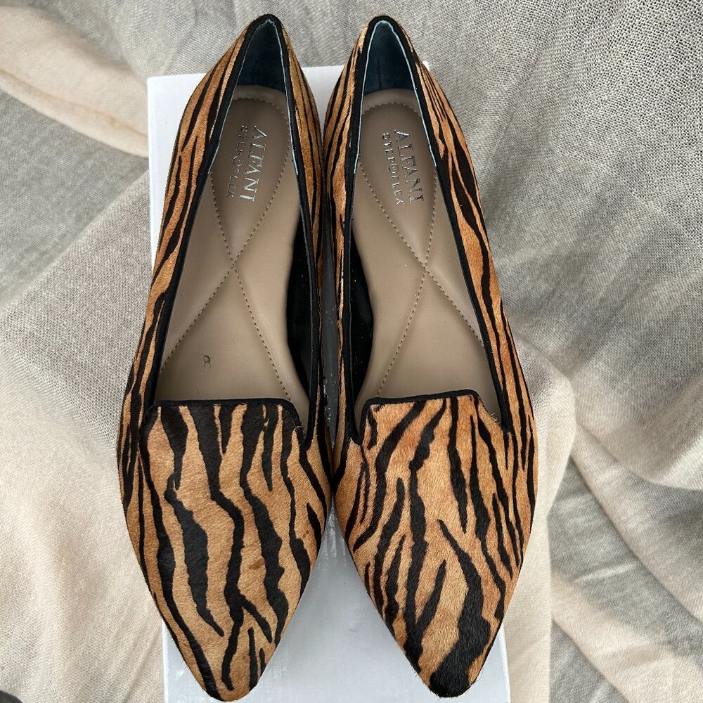 NEW ALFANI STEP ‘N FLEX WOMENS POEECH CALF HAIR LOAFERS FLATS  9.5M